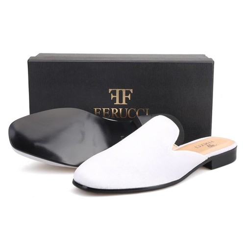 Handmade FERUCCI Men Plain White Velvet Sandals Slippers loafers - Picture 5 of 7