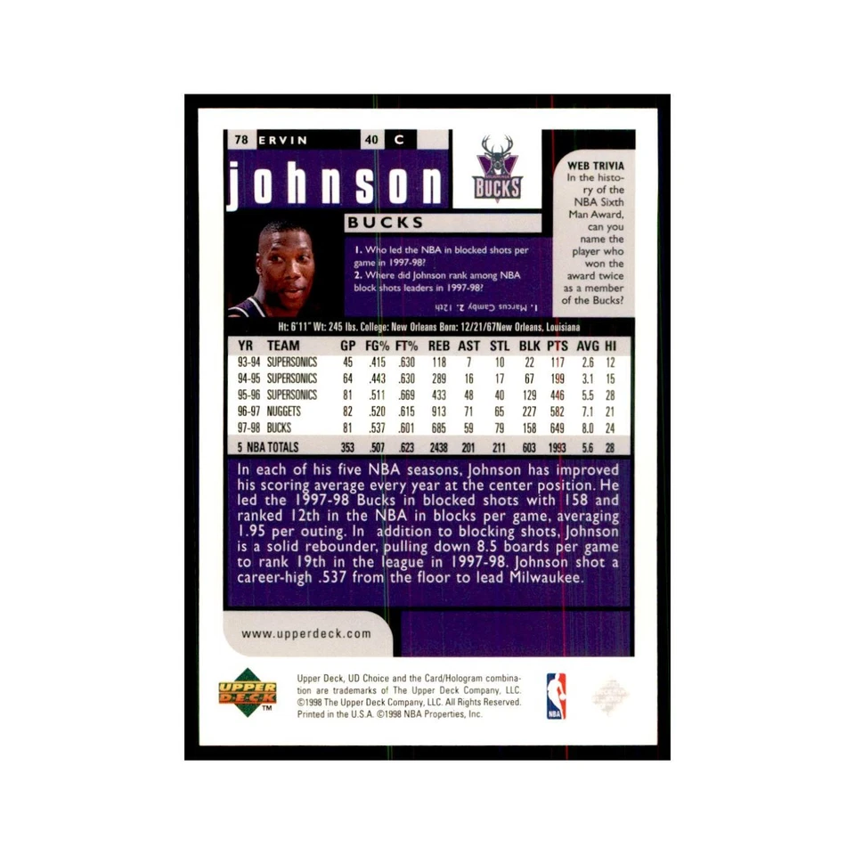 1998 UD Choice Ervin Johnson Basketball Cards #78 - Image 2 of 3
