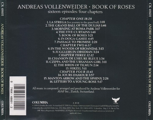 Book of Roses de Andreas Vollenweider (1992, Columbia (EE. UU.) – CD solo con inserto - Imagen 2 de 2