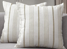 Pair 22 x 22 Farmhouse Textured Stripe Lien Pillow Covers Khaki / Nat Beige J2