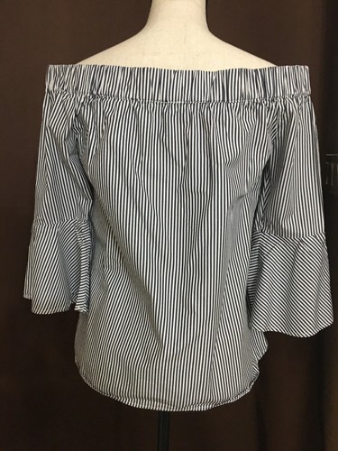 Neu ohne Etikett Amor schulterfrei 100 % Baumwolle weiß blau Streifen Glockenärmel Oberteil Bluse S - Bild 3 von 5