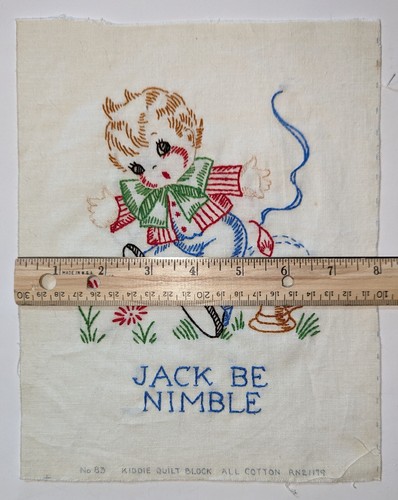 Vintage Kiddie Quilt Block JACK BE NIMBLE Embroidered Cotton No 83 BABY Children - Picture 9 of 9