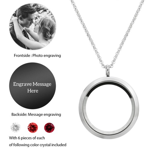 Personalized Photo & Message Engrave Floating Crystals Locket Pendant Necklace - Picture 35 of 54