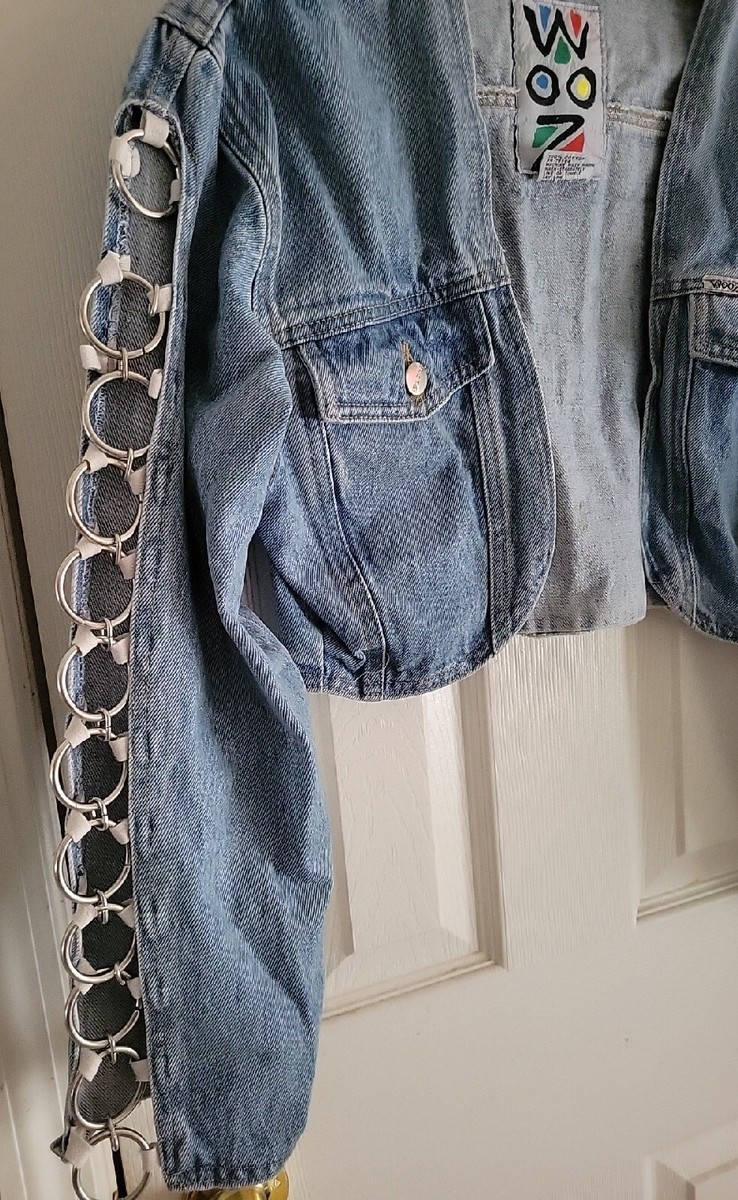 Vintage 90s WOOZ Cropped Jean Denim Jacket w SILVER RING Inserts