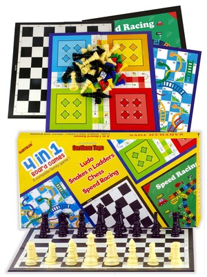 4 in 1 Board Games for Kids - Ludo, Snake and Ladder, Chess and Racing Gift Item