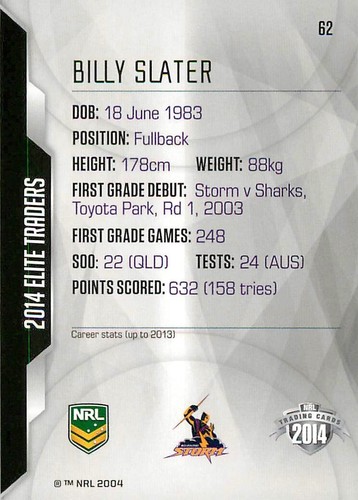 2014 MELBOURNE STORM NRL Card BILLY SLATER Elite  - Picture 2 of 2
