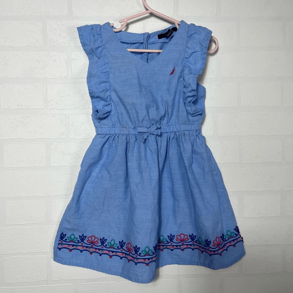 Nautica Baby Girl Dress Chambray Ruffled Embroidered 4T eBay