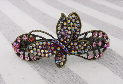 Elegant Vintage Silver Tone and Green Enamel Barrette w/Crystals Made in France s-l400.jpg main image 4