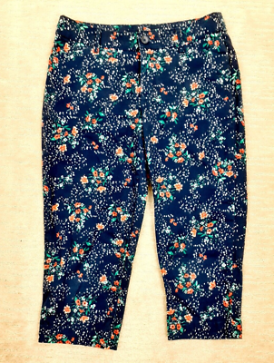 John's Bay Women's Navy Blue Floral Capri Pants Stretch Mid