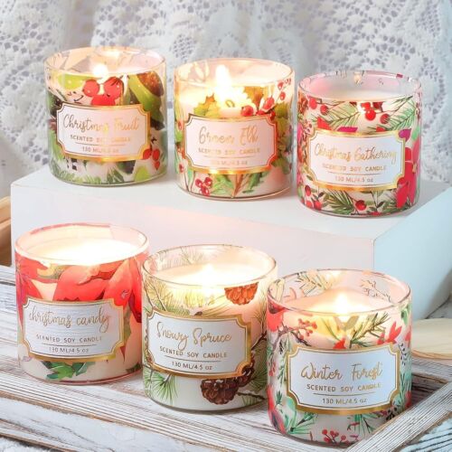 6 Pack Christmas Scented Candles with Lid 4.5oz Soy Wax Strong Fragrance Diff...