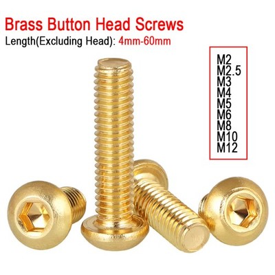 Brass Button Head Screws Hexagon Allen Hex Socket Bolts M2 M2.5 M3 M4 M5 M6-M12