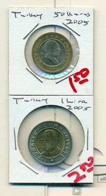 Show Inv - 2 AU-UNC BI-METAL COINS from TURKEY - 50 KURUS & 1 LIRA (BOTH 2005)