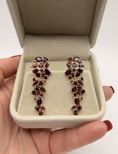 14ct Rolled Gold Earrings – Red Garnet Clusters Long Drop, Hallmarked 585RG