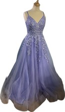 A Line Princess Tulle Prom Dress Deep V Sweep Train Beading UK 10 BNWT Lavender