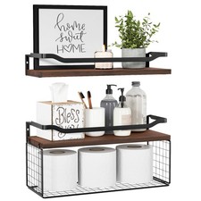 Over-Toilet Floating Bathroom Shelf with Wire Basket Guardrail - Dark Brown