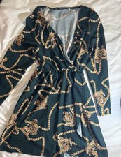 Dark Green Gold Baroque Print Long Sleeve Wrap Belted Short Women's Dress