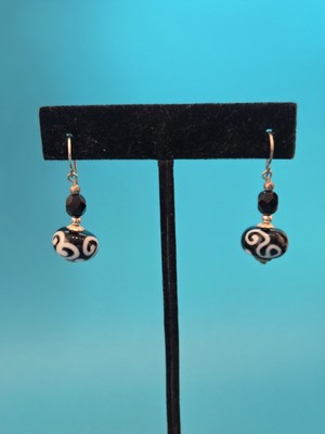 Batik Dangle Earrings. Black and Ivory Beads with Etched Bronze. Boho Chic