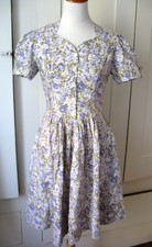 VINTAGE LAURA ASHLEY FLORAL PURPLE GREEN BEIGE DRESS SMALL MEDIUM