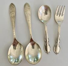 5 Vtg ANTIQUE SILVER PLATE MICKEY MOUSE BABY SPOONS & FORK BRANFROD WM ROGERS