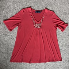 Susan Graver Style Mango Red SS Embellished V-Neck Tunic Top L Made in USA
