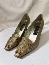 VTG J Renee Gold Pearl Beaded Pumps Women  s 6.5 Metallic Pointed Toe Dress Heels