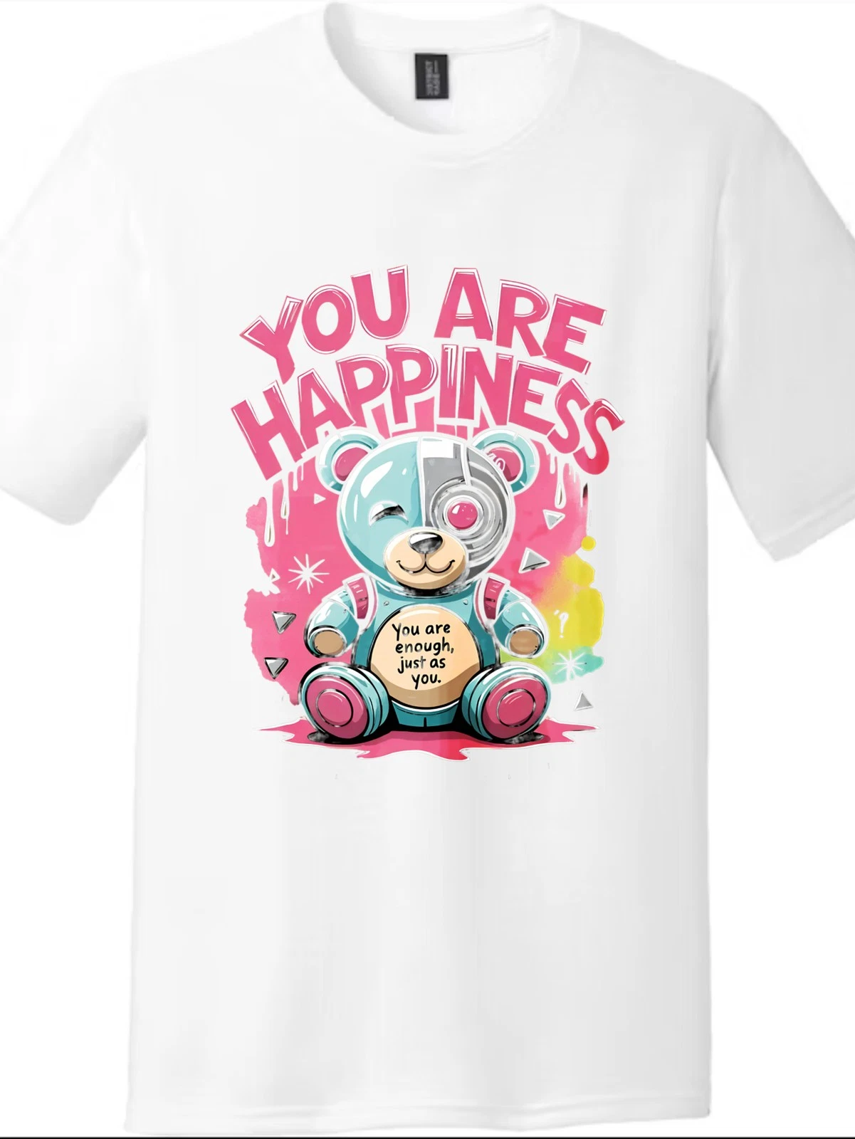 "YOU ARE HAPPINESS"Mechanical Bear Print Tee, Trendy