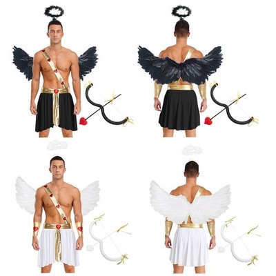 Herren Cupid Cosplay Set Kontrast Herz Rock Ärmel Flügel Kopfhülle Bogen Pfeil