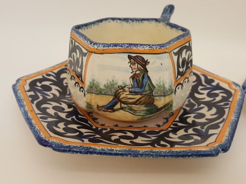Antico Quimper set di 3 grandi tazze da tè e piattini zuppa ceramica faence francese - Foto 5 di 22
