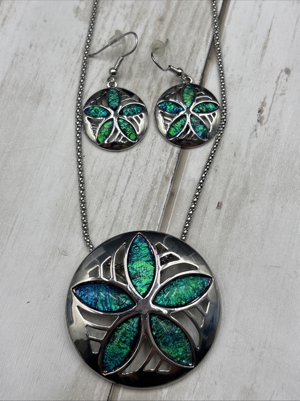 Sterling Silver Plated and Opal Sand Dollar Jewelry Set Earrings And Necklace