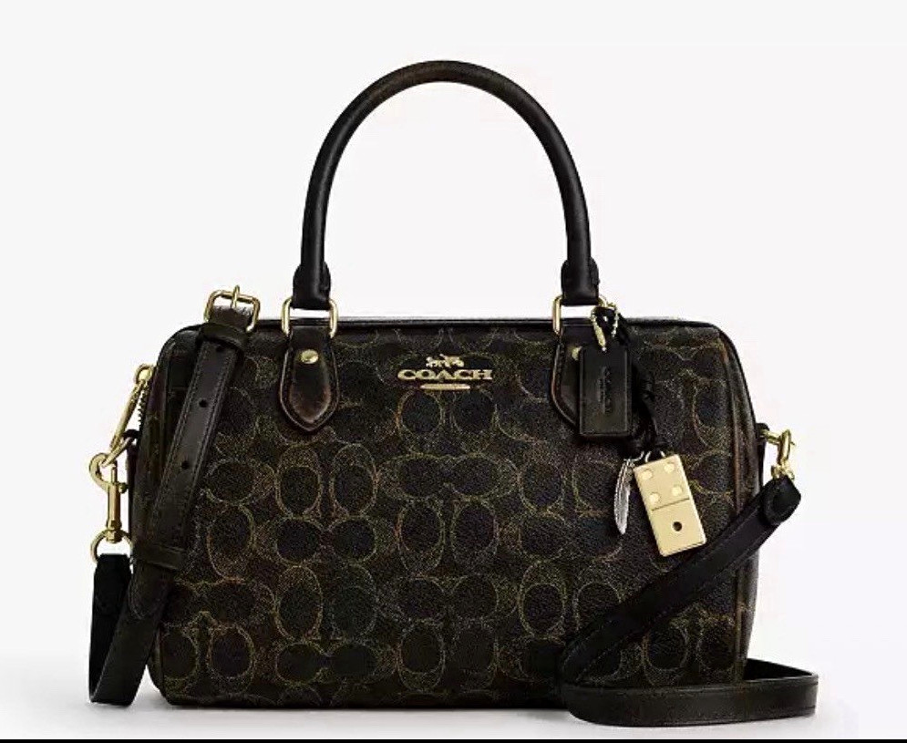 Coach Signature Monogram Satchel Brown/Black Zip Detachable Strap Charm
