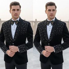 Luxury Men's Suits Rhinestone Shawl Lapel Slim Fit Wedding Groom Evening 2 Piece