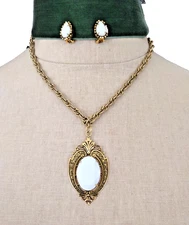 VTG 70's Victorian Revival Filigree Milk Glass Kramer Necklace Clip Earrings Set