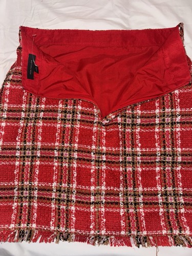 Falda clásica de tweed con flecos a cuadros Ann Taylor roja 578511 talla 4 parte superior de la rodilla nueva sin etiquetas - Imagen 6 de 17