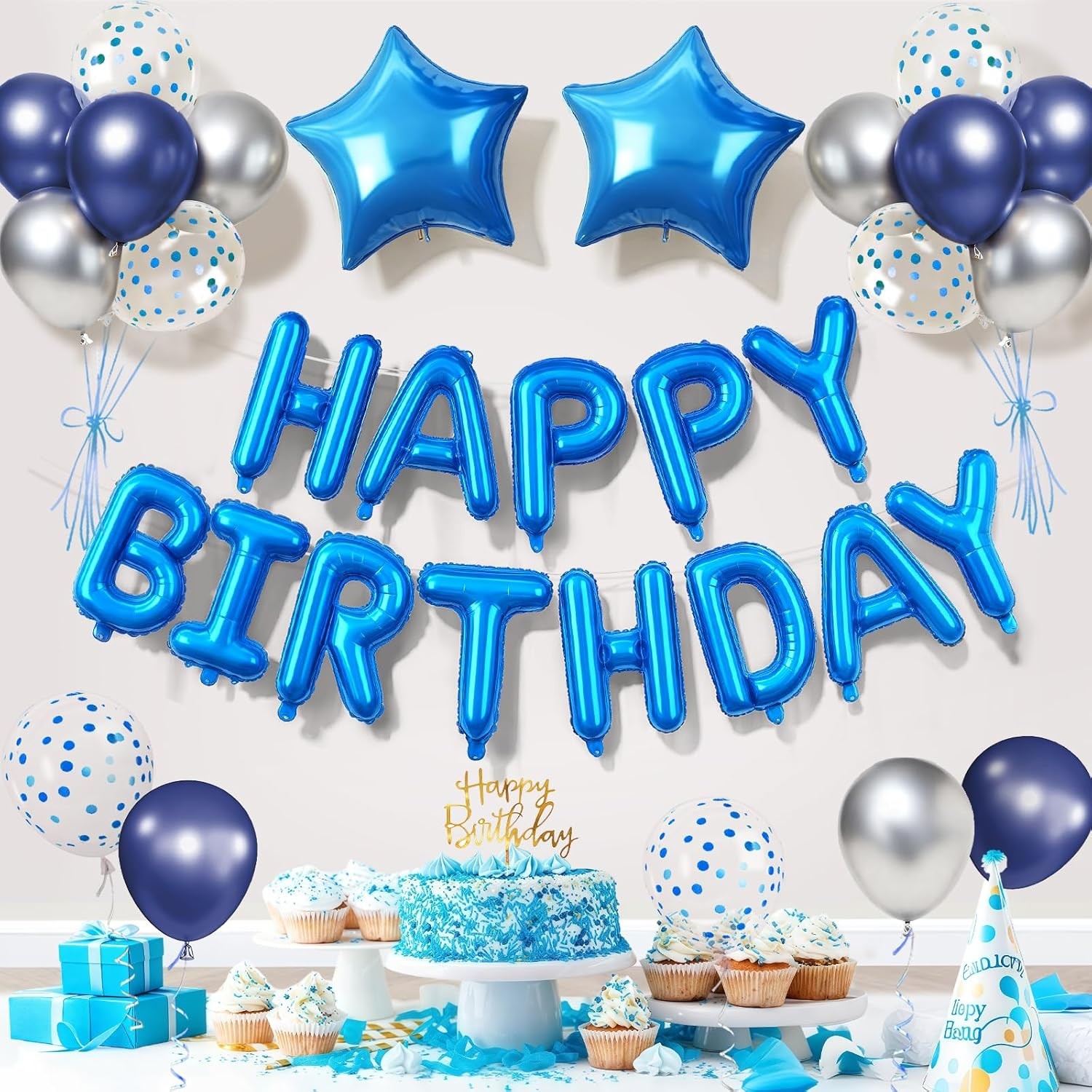 33Pcs Happy Birthday Balloons Banner Blue, YianHien 16 Inch Blue Mylar Foil Let