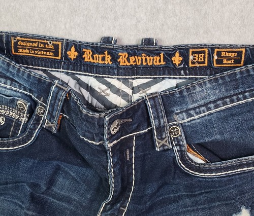 Rock Revival Rhays Jeans Men 38x31 Blue Boot Distressed Denim Stitching Hardwear - Picture 10 of 17