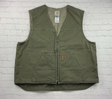 Vtg Carhartt V26 LOV Olive Green Sherpa Lined Duck Canvas Vest 2XL Embroidered