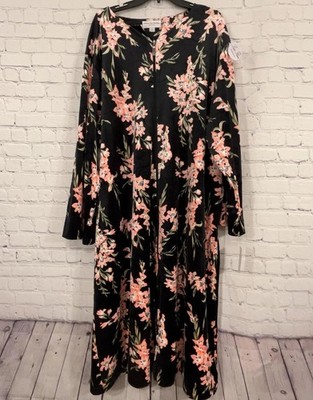 Miss Elaine Robe Womens 3X Black Pink Floral Fleece Zip Front Kaftan Sleep NEW