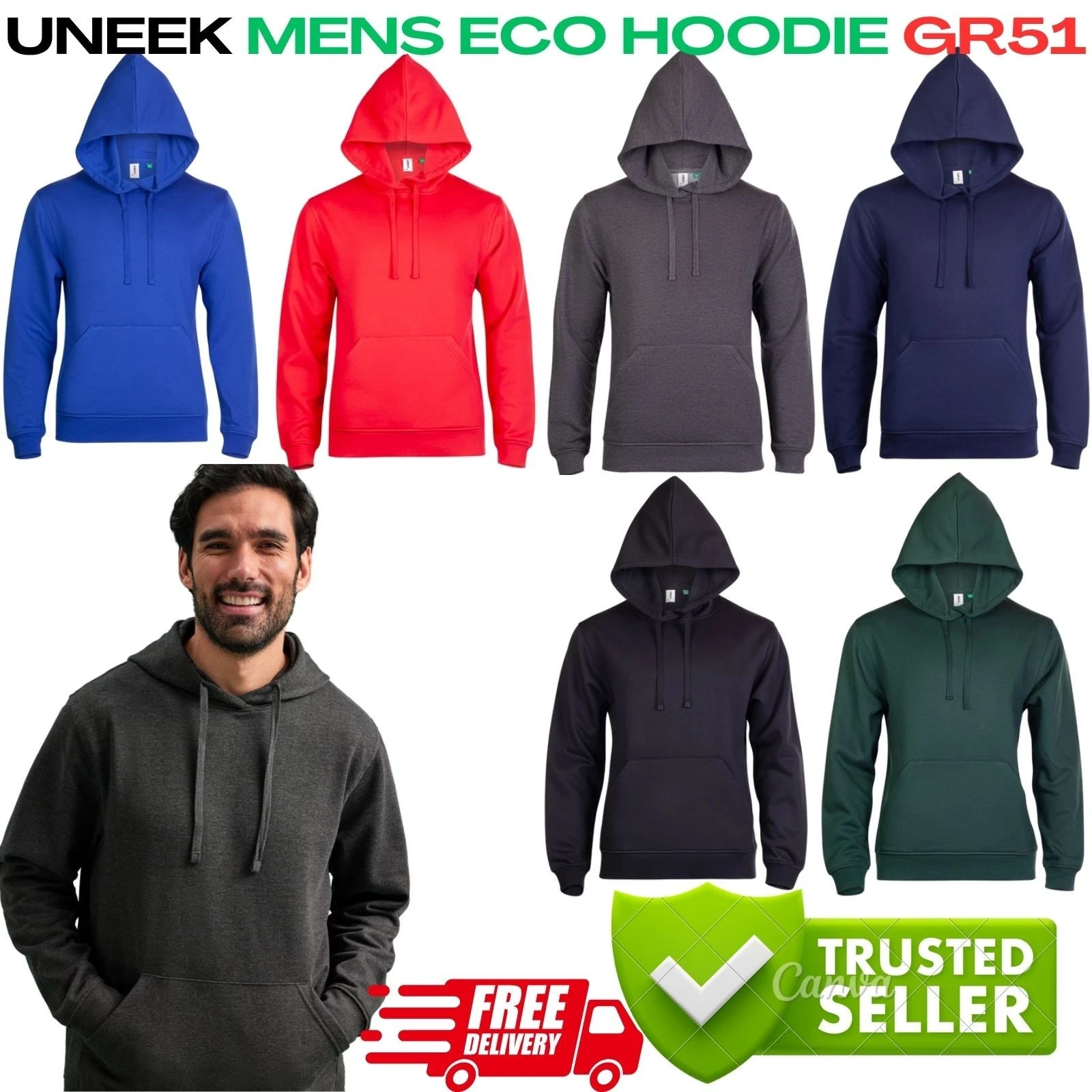 Eco Hoodie GR51 XS–6XL | Super Soft Sustainable Fabric | Recycled & Organic