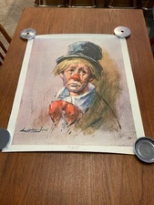 1971 Leighton-Jones Clown Print on Canvas Sad Crying Top Hat Red Nose 22"×28"