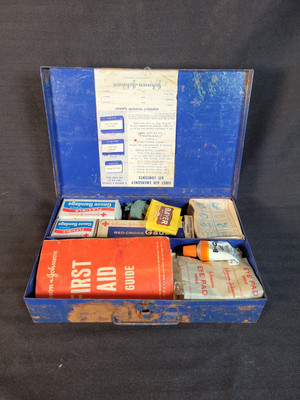 Vintage 70s Johnson And Johnson Emergency First Aid Kit Metal Wall Mount Box