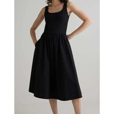 Quince Black Cotton Mixed Media Sleeveless Scoop-Neck Midi Tank Dress S