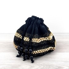 VTG 1940s Black Crochet Drawstring Evening Handbag Beaded Pearl Gold Purse Boho