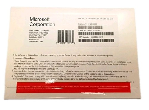 Microsoft Windows 10 Pro 64-Bit English DVD OEM License for 1 PC