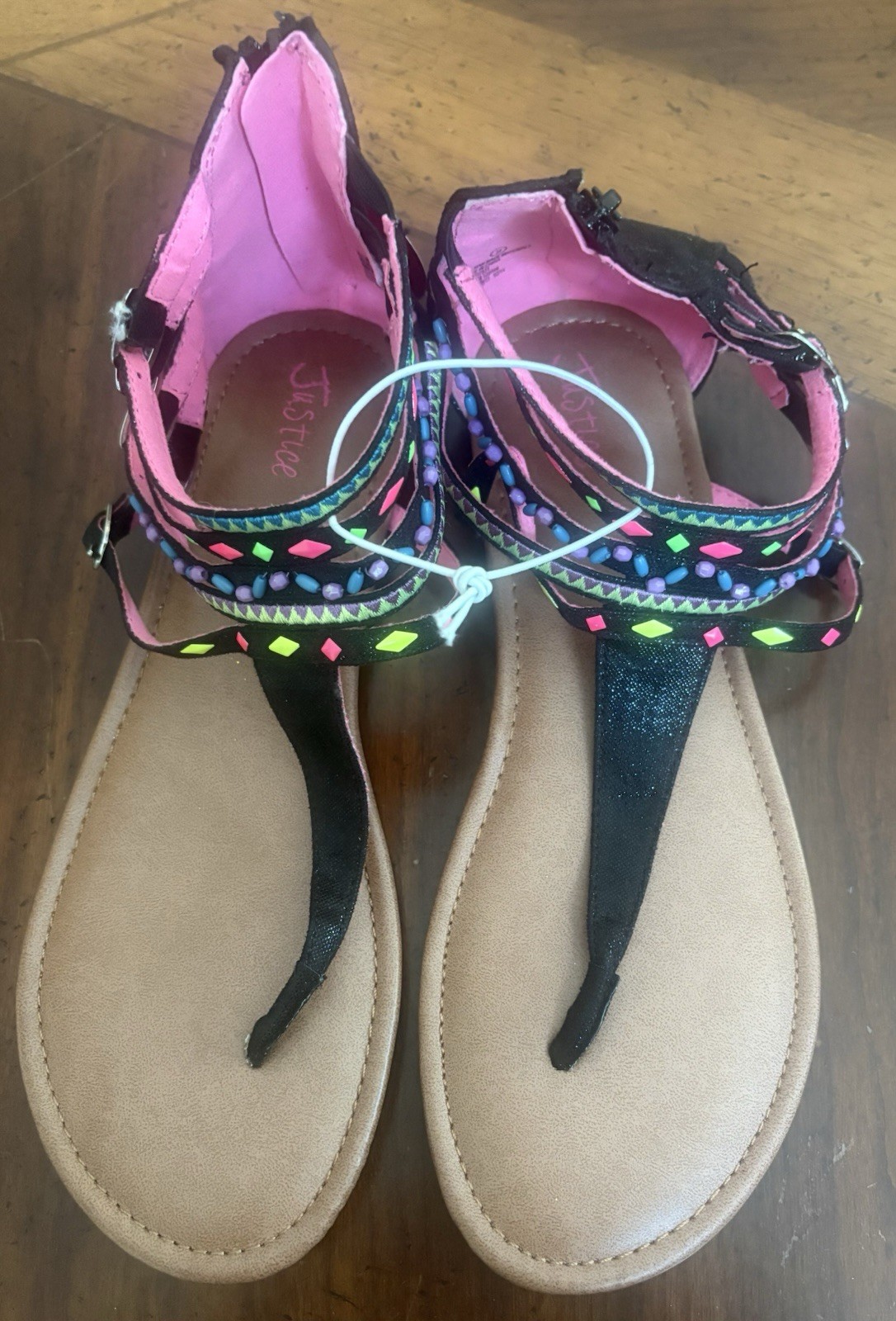 Justice Girls Women’s Size 9 Multi Strap Black Neon Back Zip Sandals, Shoes, NWT