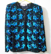 Vtg Lawrence Kazar Blue Green Beaded Sequin Silk Jacket Sz PP