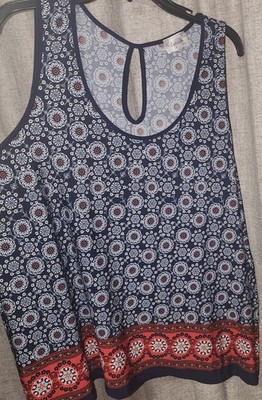 Lavish Women Size 2X Blue White Red Floral Sleeveless Tunic Tank Back Keyhole 