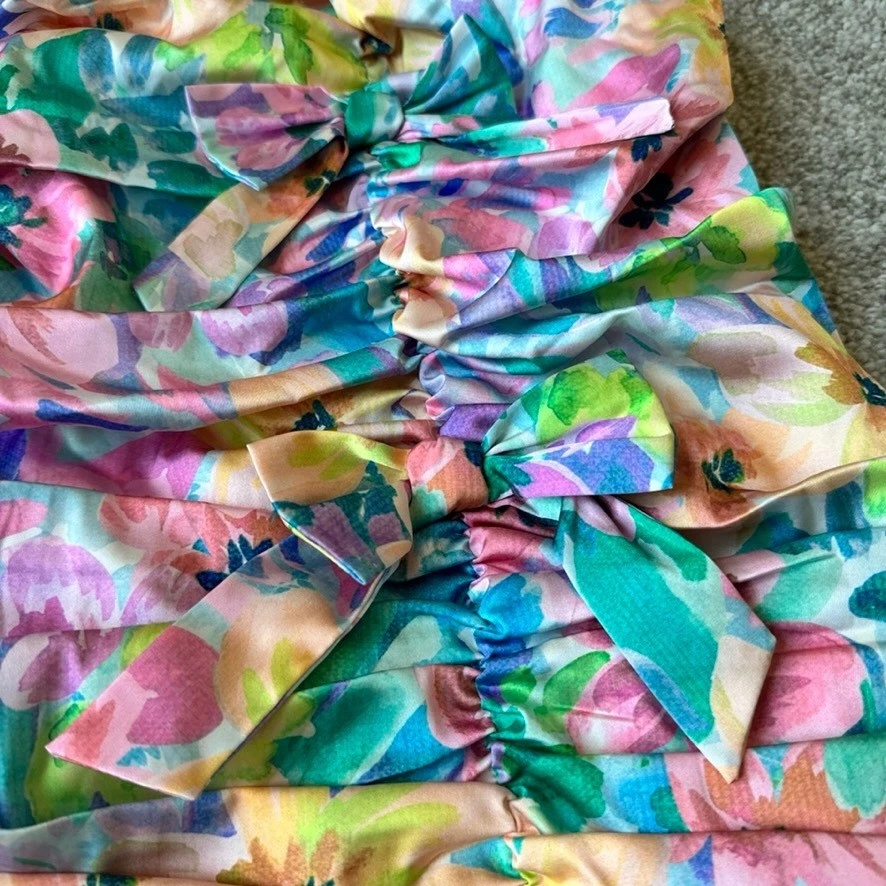 For Love & Lemons Blair Mini Dress Size XS Floral Ruched Bow Colorful Cocktail - Image 3 of 4