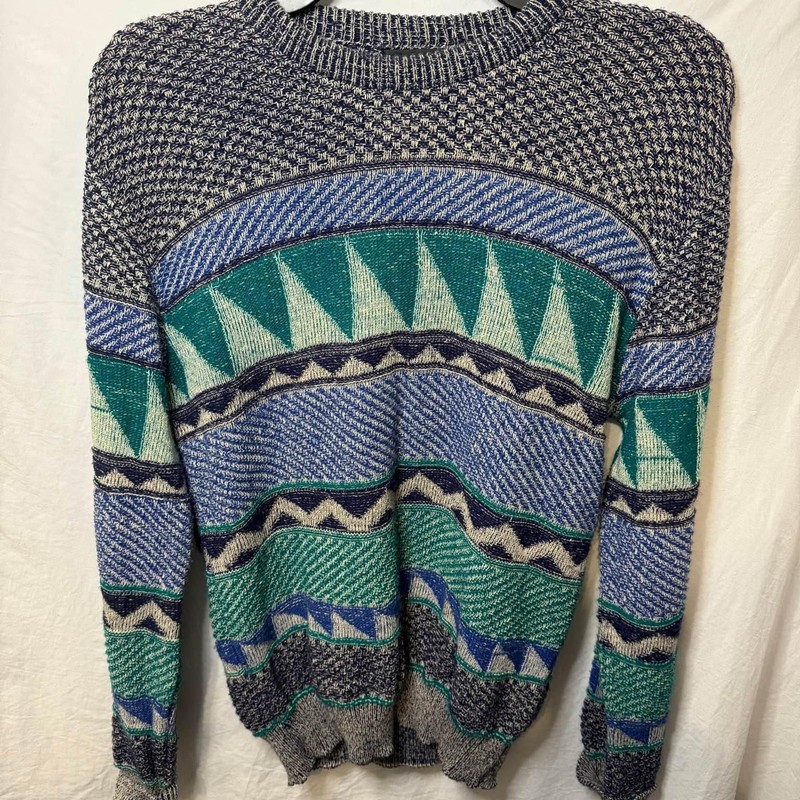 Vintage Sweater Reed St James Men's Large Blue Green Diamond Knit 80s 
