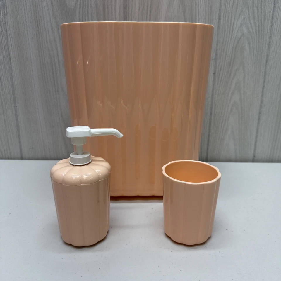 Vintage 80s Bathroom Set Pink Peach Salmon Trash Can / Soap Dispenser / Tumbler - Image 2 of 4