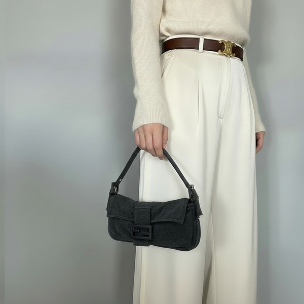 Rank AB+* FENDI Mamma Baguette Shoulder Bag Dark Gray Cotton